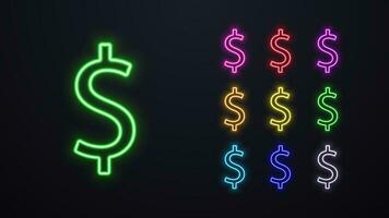 een reeks van neon dollar pictogrammen in verschillend kleuren. logos van de ons dollar valuta voor casino's. vector