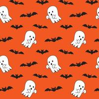 schattig halloween geest en knuppel naadloos patroon Aan oranje achtergrond. Super goed vector illustratie voor kinderen en huis decor projecten.