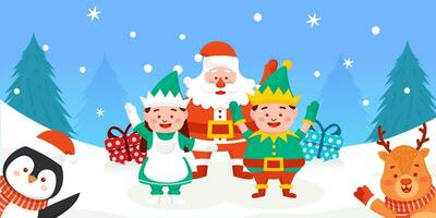dwerg meisje, de kerstman claus, pinguïn, rendier en dwerg jongen met vrolijk Kerstmis groeten vector