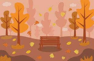 herfst landschap, vector illustratie, herfst park, park bank, herfst seizoen