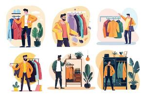 hand- getrokken kleding winkels en winkels in boodschappen doen winkelcentra in vlak stijl vector