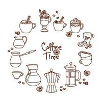 divers types van koffie voorbereiding. koffie potten en kopjes. schets pictogrammen set. vector. vector