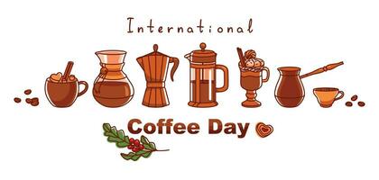 internationaal koffie dag spandoek. koffie tak, koffie pot en kop van heet koffie. vector