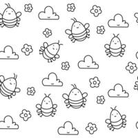 single kleur vector patroon van bijen, bloemen, wolken