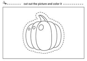 snijdend praktijk voor kinderen. zwart en wit werkblad. besnoeiing uit tekenfilm pompoen. vector