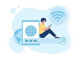 vrouw zittend Aan telefoon met Wifi icoon Aan scherm concept vlak illustratie vector