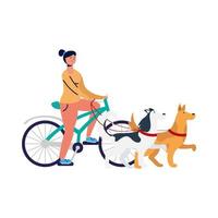 vrouw rijden fiets met honden vector design