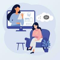 online psychotherapie concept. verdrietig vrouw pratend met psycholoog Aan de stoel. vector vlak stijl illustratie