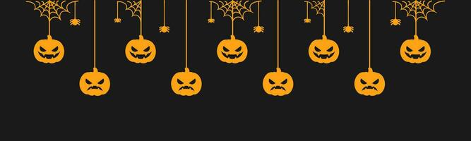 gelukkig halloween banier of grens met spin web en jack O lantaarn pompoenen silhouet. hangende spookachtig ornamenten decoratie vector illustratie, truc of traktatie partij uitnodiging