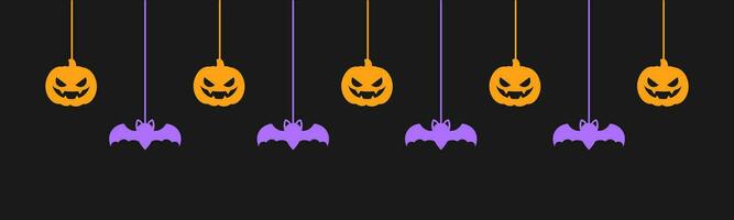 gelukkig halloween banier of grens met gloeiend vleermuizen en jack O lantaarn pompoenen. hangende spookachtig ornamenten decoratie vector illustratie, truc of traktatie partij uitnodiging