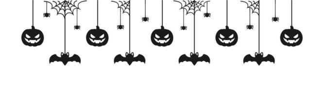 gelukkig halloween banier of grens met zwart vleermuizen, spin web, en jack O lantaarn pompoenen. hangende spookachtig ornamenten decoratie vector illustratie, truc of traktatie partij uitnodiging