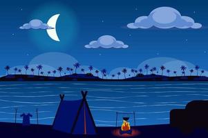 tent aan de kust van tropisch eiland bij nacht landschapsachtergrond in vlakke stijl vector