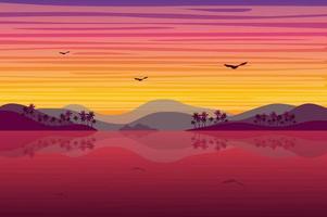 zonsondergang over de tropische achtergrond van het eilandlandschap in vlakke stijl vector