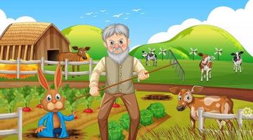 boerderij bij dagtafereel met oude boerenman en boerderijdieren vector