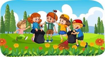 parkscène met een groep kinderen die park schoonmaken cleaning vector