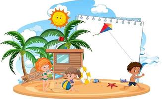 lege bannersjabloon met veel kinderen op zomervakantie op het strand geïsoleerd beach vector