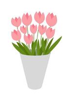 vlak roze tulpen boeket in vaas vector illustratie. roze tulpen in grijs vaas geïsoleerd