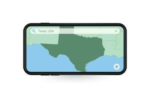 zoeken kaart van Texas in smartphone kaart sollicitatie. kaart van Texas in cel telefoon. vector