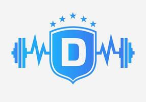 brief d Sportschool geschiktheid logo ontwerp concept met barbell schild en begin icoon. lichaamsbouw Sportschool symbool vector