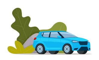 blauw modern suv auto, kant visie. groen struiken Aan de achtergrond. vector illustratie.