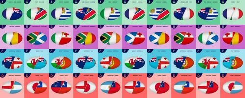 verzameling van rugby pictogrammen voor Internationale wedstrijd 2023, allemaal spellen versus icoon van groep stadium in vorm van rugby bal. vector