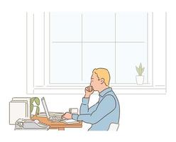 een man zit aan zijn bureau, kijkt naar zijn laptop en werkt. handgetekende stijl vectorontwerpillustraties. vector