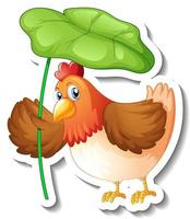 stickersjabloon met stripfiguur van een kip met een blad geïsoleerd vector