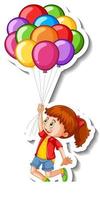 stickersjabloon met een meisje dat veel ballonnen geïsoleerd houdt vector