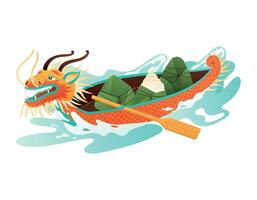 Chinese draak boot met Aziatisch voedsel, zongzi knoedels. vector tekenfilm illustratie van traditioneel oosters water vervoer.