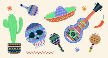 Mexicaans maracas. musical instrument maracas. sombrero, tekenfilm stijl maracas, schedel, gitaar, cactus. Mexicaans vakantie attribuut, traditioneel Latijns musical instrument. vector