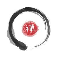 enso zen cirkel stijl. sumi e ontwerp. zwarte inkt aquarel schilderij. rode ronde stempel en kanji kalligrafie Chinees. Japanse alfabetvertaling die zen betekent. witte geïsoleerde achtergrond. vector