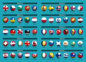 kwalificatie loting voor europees voetbaltoernooi 2020. groep internationale teams. 3d voetbal met het patroon van de landvlag. blauwe thema achtergrond. vector. vector