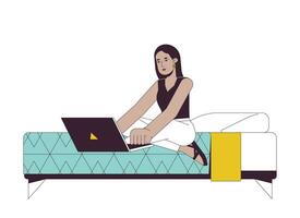 Arabisch vrouw leerling aan het studeren in bed vlak lijn kleur vector karakter. bewerkbare schets vol lichaam persoon Aan wit. leerling aan het studeren Bij huis gemakkelijk tekenfilm plek illustratie voor web grafisch ontwerp