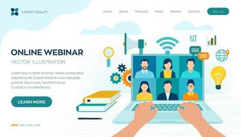 Webinar. internetconferentie. webbased seminar. afstand leren. e-learning opleiding bedrijfsconcept. video-tutorials en cursussen. online vergaderen werkformulier thuis. vector