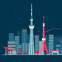 Tokyo City Skyline gedetailleerde silhouet en Fuji berg achtergrond vector