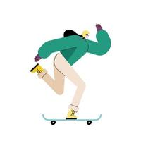 jonge vrouw die medisch masker in skateboard draagt vector
