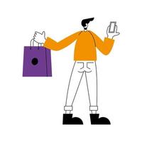 online winkel en man cartoon met smartphone en tas vector design