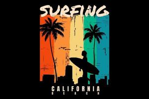 t-shirt silhouet surfen strand zonsondergang californië mooie retro stijl vector