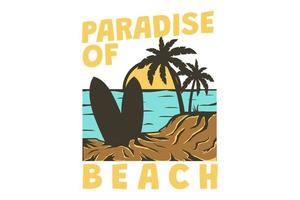 t-shirt paradijs strand zee surfen zonsondergang retro vintage stijl handgetekende vector