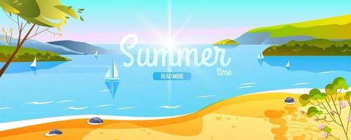 zomer tropische banner, reizen strandlandschap, kustlijn, oceaan, boot, eilanden, bomen vector