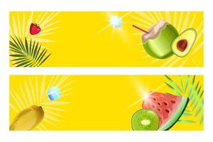 zomerbannerset, strandfeest gele achtergronden, groene kokosnoot, watermeloenplak, kiwi, mango vector