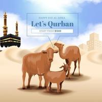 dierenofferpromotie voor islamitisch feest van eid al adha mubarak met illustratie van geit, koe en kameel vector