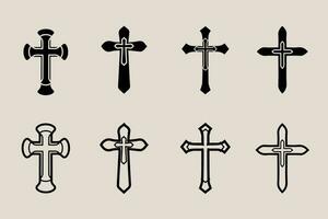 decoratief kruisbeeld religie Katholiek symbool, christen kruisen. orthodox geloof kerk kruis pictogrammen ontwerp, geïsoleerd vlak set. vector illustratie.