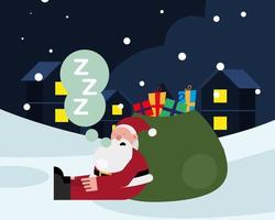 kerstman slaapt in cadeauzakje kerstkarakter vector