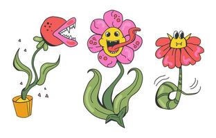 reeks van groovy monster bloemen en planten met tanden en gezicht. halloween retro helder bloem roofzuchtig in tekenfilm stijl. vector