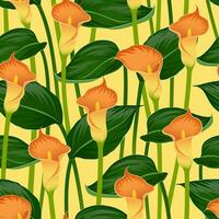 geel vector naadloos achtergrond met bloeiend oranje calla lelies