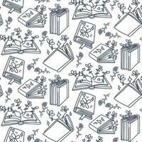 een patroon van boeken in een contour met elementen van planten komt eraan uit van boeken. open, Gesloten boeken, een stack van boeken in de stijl van doodles met planten. schattig kinderen fantastisch textiel vector