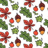 patroon van herfst gebladerte, kastanje, eikel- gemaakt in tekening stijl met kleur en contour. stijlvol, schattig, tekenfilm, helder naadloos patroon met schattig herfst details vector