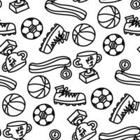 naadloos patroon met hand getekend doodles van sportschoenen, voetbal bal, basketbal, beker, medaille. sport- spellen en overwinningen. sport- onderwerpen. zwart en wit vector illustratie Aan een wit achtergrond