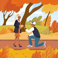 latino vriendje vraagt zijn vriendin op één knie ten huwelijk in een herfstpark. cartoon vectorillustratie vector